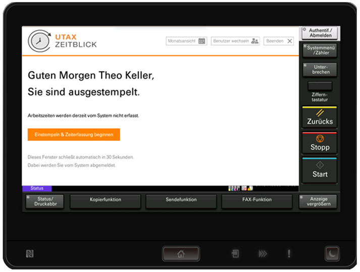 Mit UTAX Zeitblick ist Arbeitszeiterfassung durch „Stempeln am MFP“ möglich (c) UTAX